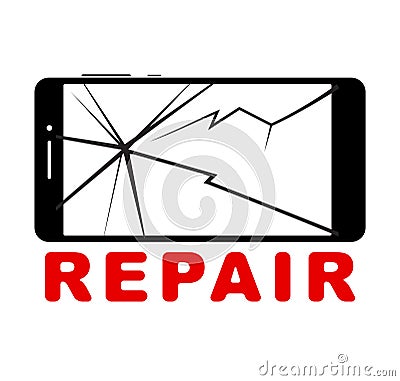 Broken smartphone with cracked touch screen, cell phone flat Vector Illustration