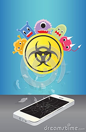 Broken smartphone device infected virus Vector Illustration