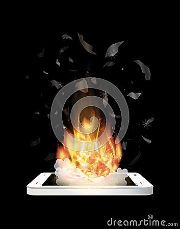 Broken smartphone explosion with burning fire Vector Illustration