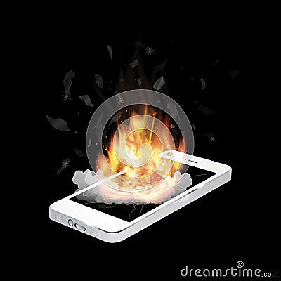 Broken smartphone explosion with burning fire Vector Illustration