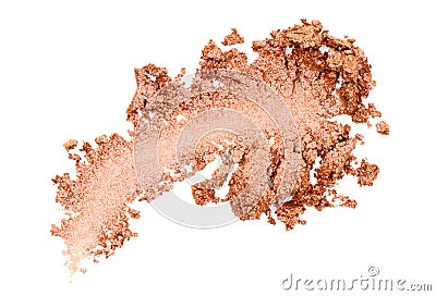 Broken and smashed make-up eyeshadow pallete, lay of brush stroke, on white background, top view. Sample cosmetics concept Stock Photo