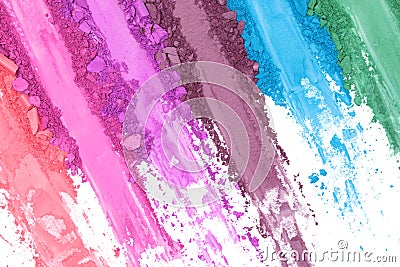Broken and smashed make-up eyeshadow pallete on white background, top view Stock Photo