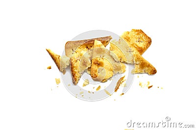Broken square crackers biscuits isolated on white background. Stock Photo