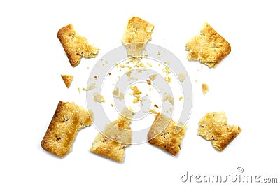 Broken square crackers biscuits isolated on white background. Stock Photo