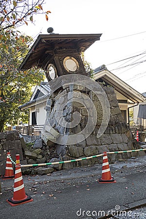 Broken stone lantern at the Honmyo-ji Temple after the earth quake in 2016 Editorial Stock Photo