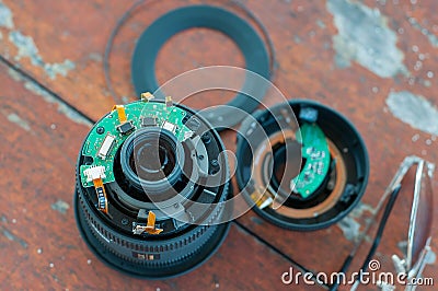 Broken to pieces digital dslr camera lens with accident Stock Photo