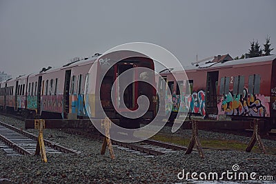 Broken train compartments with graffiti Stock Photo