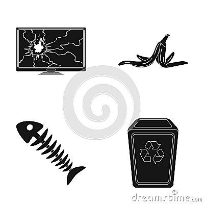 Broken TV monitor, banana peel, fish skeleton, garbage bin. Garbage and trash set collection icons in black style vector Vector Illustration