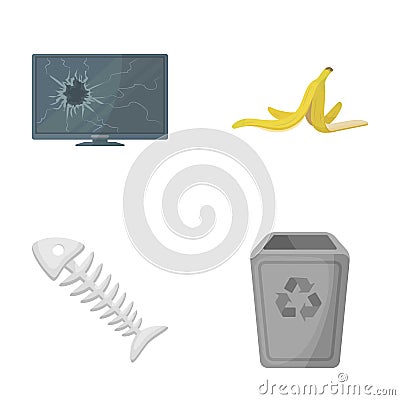 Broken TV monitor, banana peel, fish skeleton, garbage bin. Garbage and trash set collection icons in cartoon style Vector Illustration