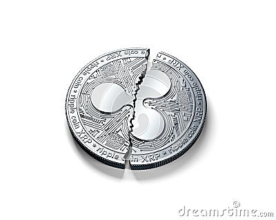 Broken into two pieces silver Ripple coin XRP isolated on white background. Editorial Stock Photo