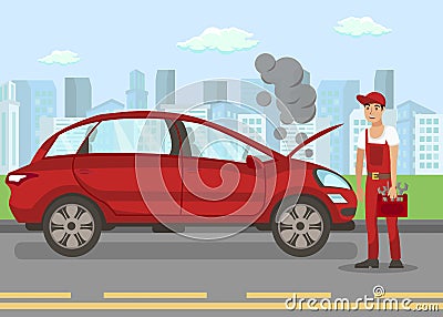 Broken Vehicle on Road Flat Vector Illustration Vector Illustration