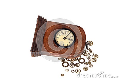 Broken vintage alarm-clock isolated on white. Broken mechanism. Gears outside Stock Photo