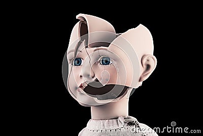 Broken vintage doll head isolated on black background Stock Photo