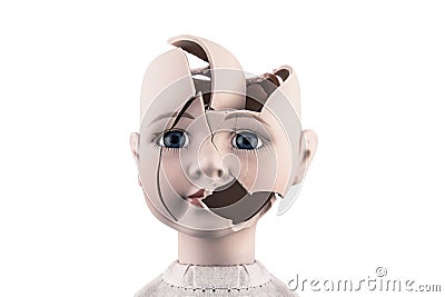 Broken vintage doll head isolated on white background Stock Photo