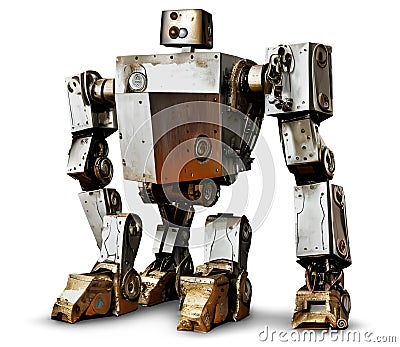 Broken vintage giant robot made of recycled metal, isolated, AI generated Stock Photo