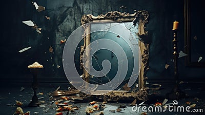 Broken vintage mirror in a frame on a dark background Stock Photo