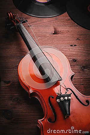 Broken violin and vinyl Stock Photo