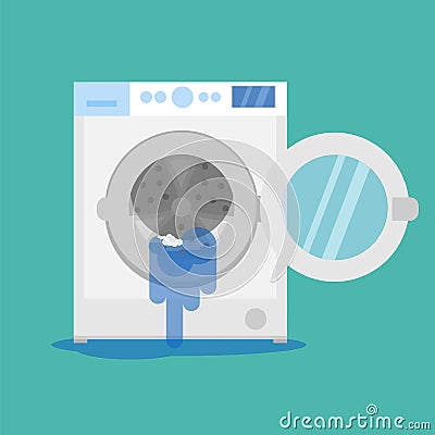 Broken washing machine with water on floor. Calling the master. Vector Illustration