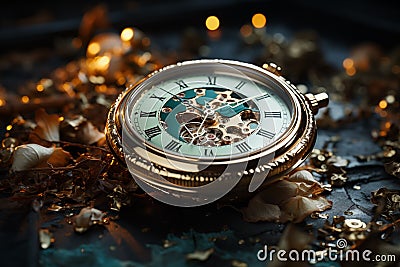broken watch, time is running out, table background, AI generate Stock Photo