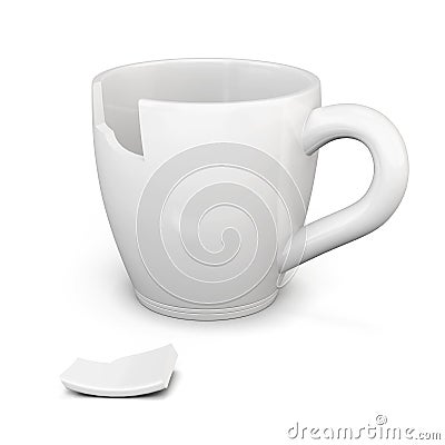 Broken white cup on white background. 3d rendering Stock Photo