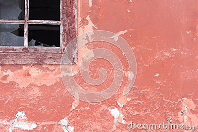 Broken window with old red wall Stock Photo