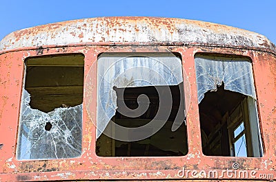 Broken window of a train Stock Photo