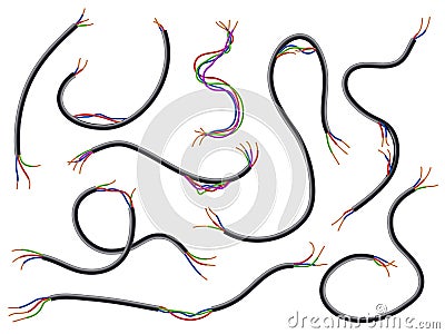 Broken wires. Realistic flexible torn cables with colored wiring. Damaged electrical connections. Different length Vector Illustration