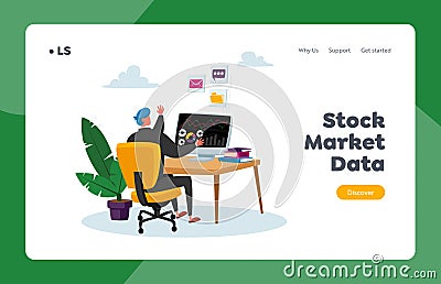 Broker Application for Trading Landing Page Template. Business Man Character Trader Working on Computer Sell and Buy Vector Illustration