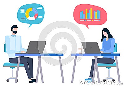 Brokers Man and Woman Sitting at Computers Vector Illustration