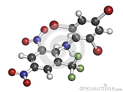Bromethalin rodenticide molecule rat poison. 3D rendering. Atoms are represented as spheres with conventional color coding:. Stock Photo