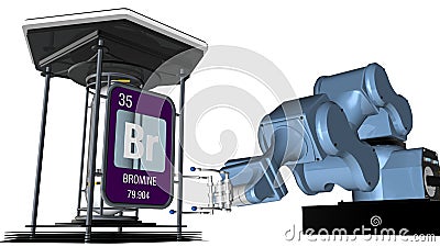 Bromine symbol in square shape with metallic edge in front of a mechanical arm that will hold a chemical container. 3D render. Stock Photo