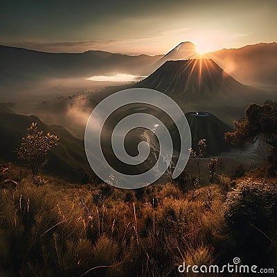 The Bromo mountains landscape during a heavy misty morning with a hint of golden hour is a stunning and atmospheric image that cap Stock Photo