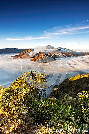 Bromo volcano crater erupt release smoke with sunrise sky background and morning fog landscape at Indonesia Bromo national park Stock Photo