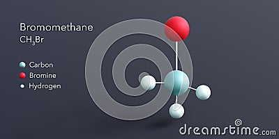 bromomethane molecule 3d rendering, flat molecular structure with chemical formula and atoms color coding Stock Photo