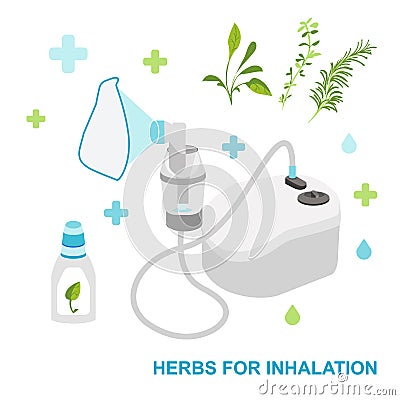 Bronchitis Compressor Inhaler with medical herbs. air tube . Steam bronchitis, astma inhalation. storage tank inhaler Vector Illustration