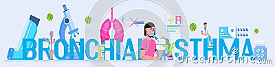 Bronchitis concept vector for medical website, blog, header. Patient suffering bronchial asthma. Inhaler, nebulizer are Vector Illustration