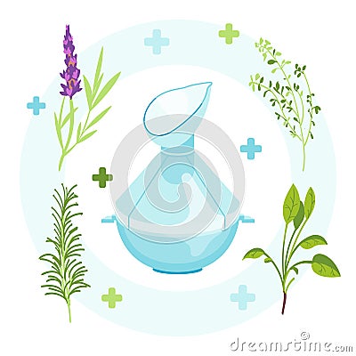 Bronchitis Inhaler with herbs. Steam bronchitis, astma inhalation. storage tank inhaler for home evaporation multipart Vector Illustration