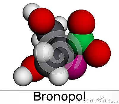 Bronopol molecule. It is preservative, is used as a microbicide or microbiostat. Molecular model. 3D rendering Cartoon Illustration