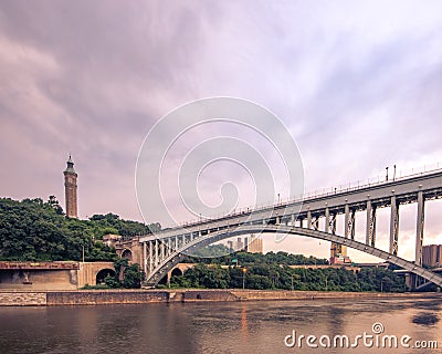 Wide horizontal view of the historic High Bridge spanning the Harlem River and Highbridge Water Editorial Stock Photo