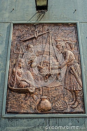 Bronz relief depicting Shivaji Maharaj Life on Podium or Pedestal Shivaji Statue, Editorial Stock Photo