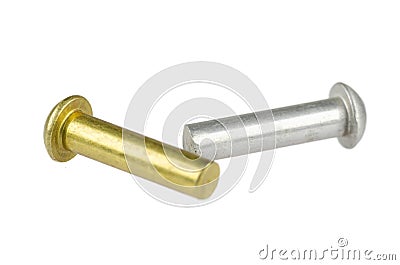 Bronze and aluminium snap-bead rivet isolated on white Stock Photo