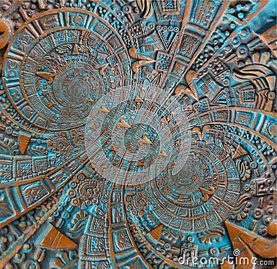 Bronze ancient antique classical double spiral aztec ornament pattern decoration design background. Abstract texture fractal twin Stock Photo