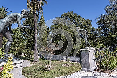 Bronze Atheletes on the Terrace at the Achilleion Palace on the island of Corfu Greece built by Empress Elizabeth of Austria Sissi Editorial Stock Photo