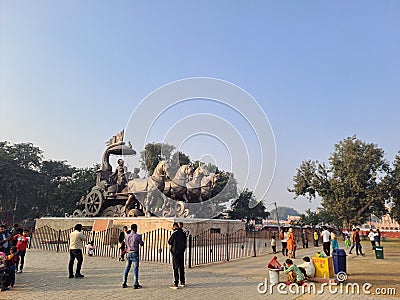 Bronze chariot of Lord Krishna and Arjuna at Brahma Sarovar, Kurukshetra in Haryana Editorial Stock Photo