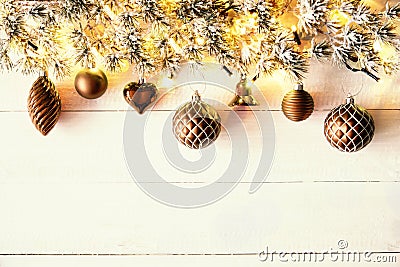 Bronze Christmas Banner, White Wood, Copy Space Stock Photo