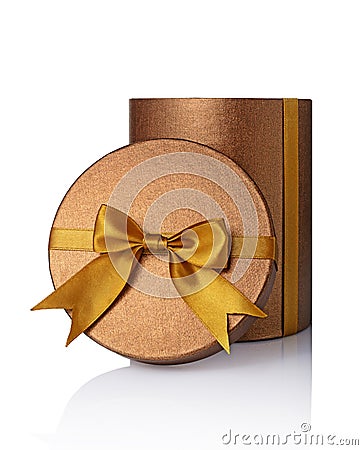Bronze classic shiny open round gift hat box with golden satin bow Stock Photo