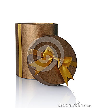 Bronze classic shiny open round gift hat box with golden satin bow Stock Photo