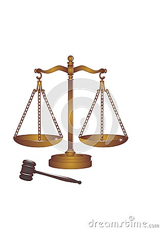 Bronze or copper gavel and scales. Vector Illustration