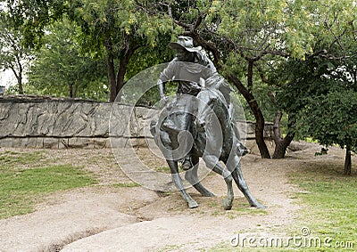 Bronze Cowboy on Horse Sculpture, Pioneer Plaza, Dallas Stock Photo