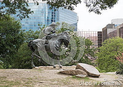 Bronze Cowboy on Horse Sculpture, Pioneer Plaza, Dallas Stock Photo